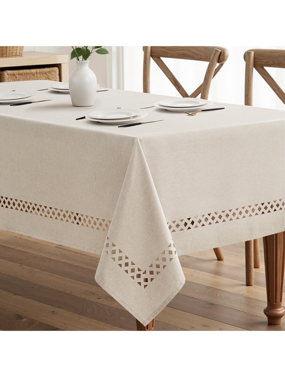 Beige Rectangle Linen Polyester Tablecloth With Decorative Cutouts 1494/bb8-1